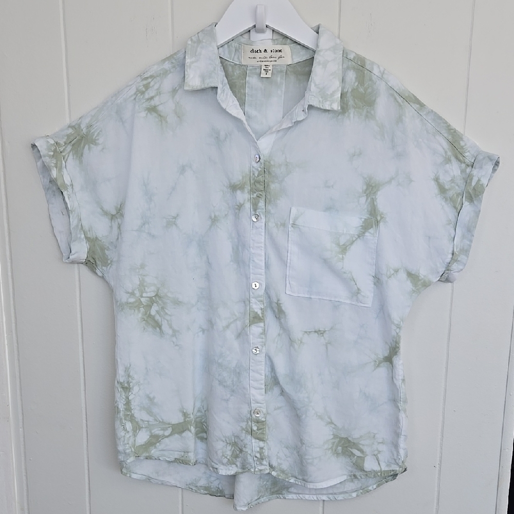 Anthropologie Cloth&Stone Shirt Women's Small Green Tie-Dye Button-Down Collared